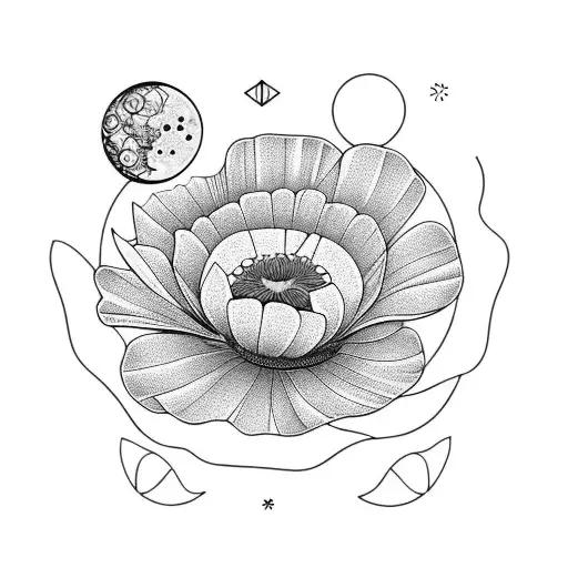 Poppy Flower And Chrysanthemum With The Moon Phases
