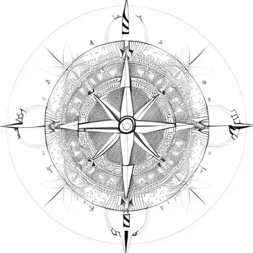 A Blackwork Compass With Religious Symbols As The Cardinal Directions