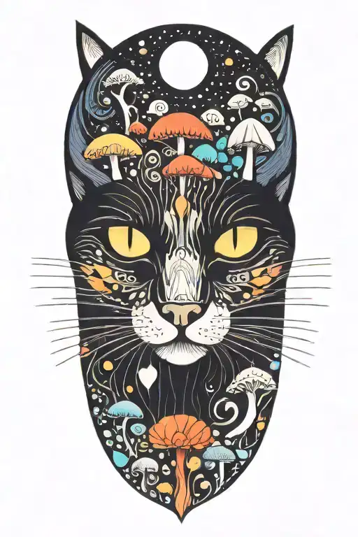 Black Cat With 3 Eyes And Trippy Colorful Mushrooms With Moon Melting