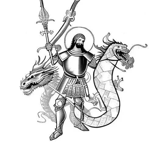 St George From The Bible Slaying The Serpent Dragon Using A Long Spear Weapon