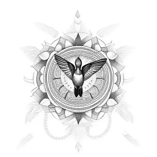 A Black And Grey Tattoo Of A Hummingbird With Intricate Mayan Patterns