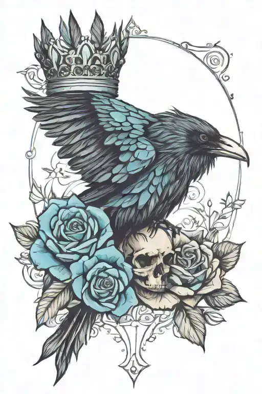 Raven Wearing Crown With Blue Rose And Skull