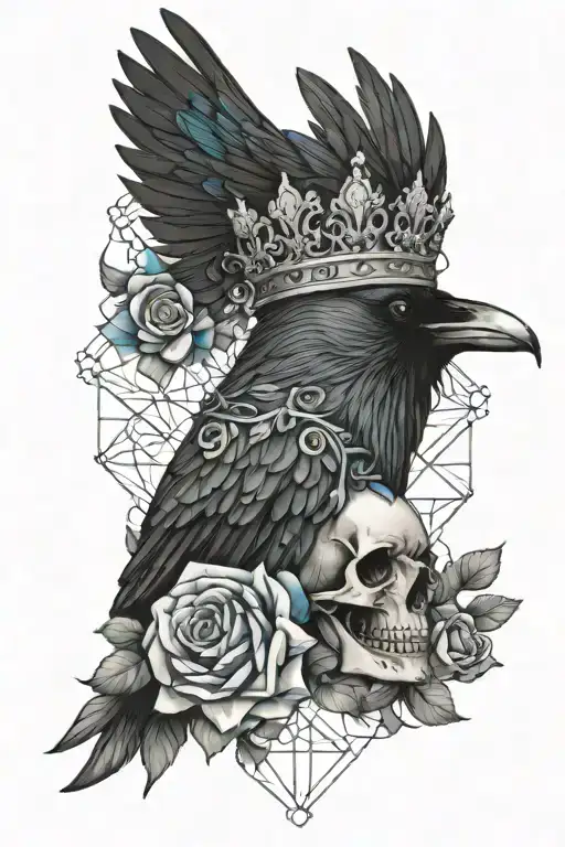 Raven Wearing Crown With Blue Rose And Skull