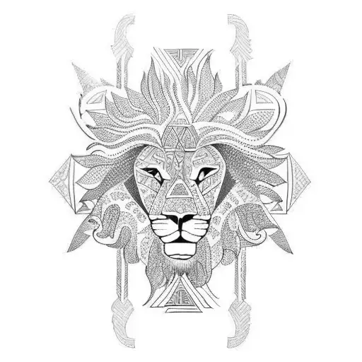 A Lion In Polynesian Tribal Style Surrounded By Elements Of Polynesian Culture