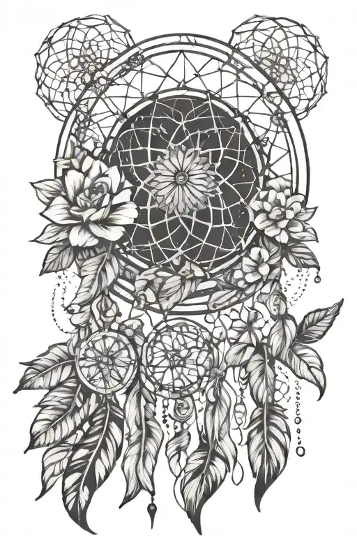 A Nature-themed Tattoo Featuring A Psychedelic Dreamcatcher And Crystals Intertwined With Flowers