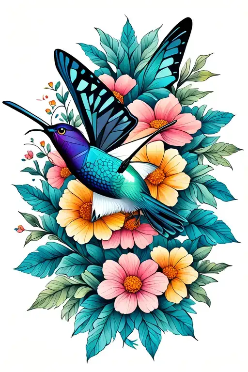 Butterfly With Geometrics Hummingbird On Flowers