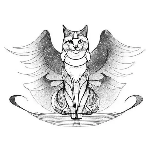 Side Cat With Long Tail And Angel Wings In The Moon