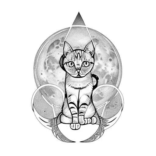 Cat With Long Tail And Angel Wings In The Moon