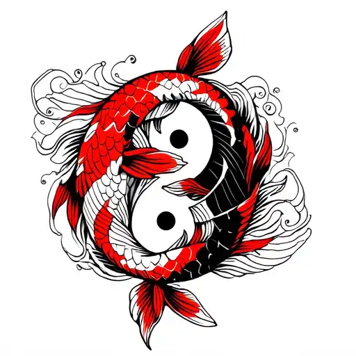 Red And Black Koi Fish Integrated With Yin Yang And Waves