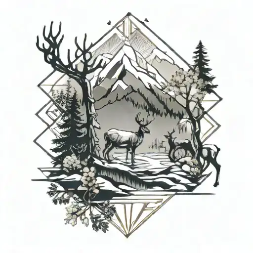 Mountains With Trees And Creek With Deer