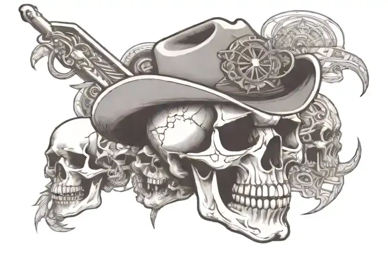 Cowboy Skull And Pirate Skull And Native American Skull Together