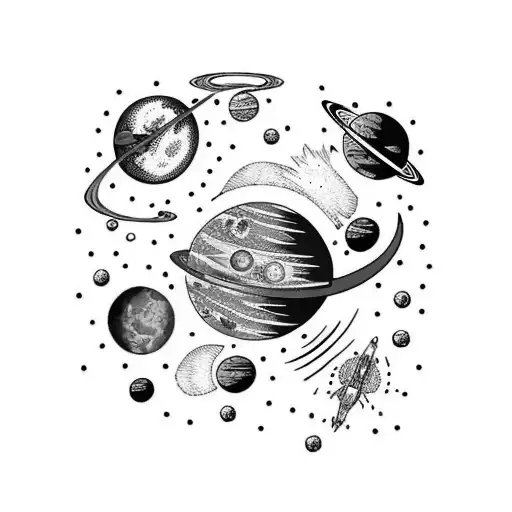 Black And Red Space Tattoo With Planets And Astronaut