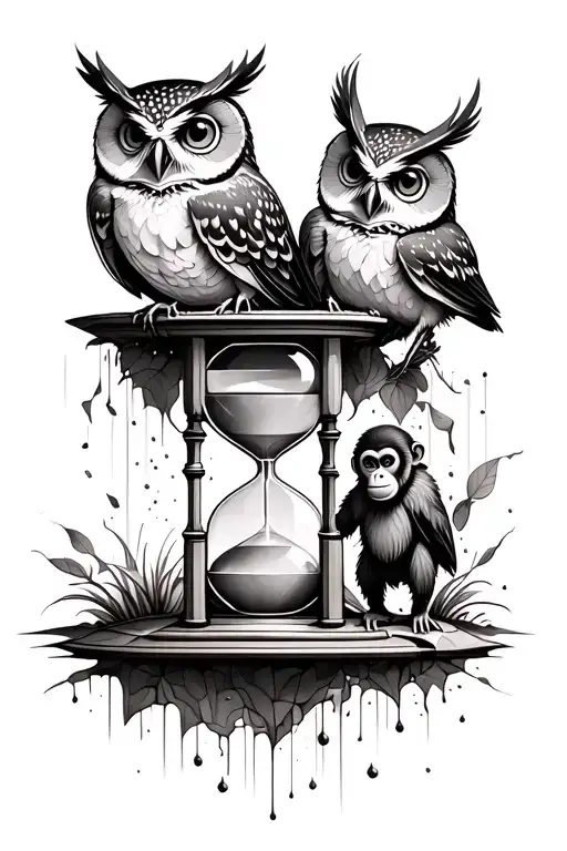 Owls And A Monkey And A Slightly Broken Hourglass Dropping Sand All In One Realistic