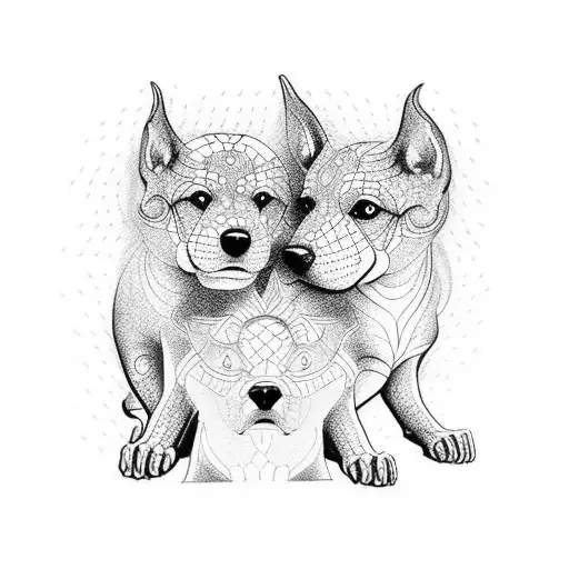 A Dotwork Tattoo Of The Three-headed Dog Cerberus Guarding The Gates Of The Underworld