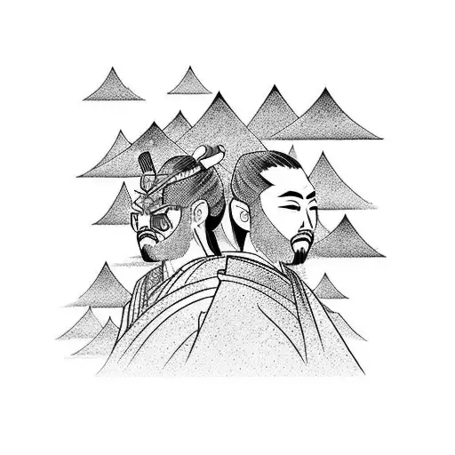 Two Samurai Brother Sitting And A Beautiful Mountain And A Sky At Back