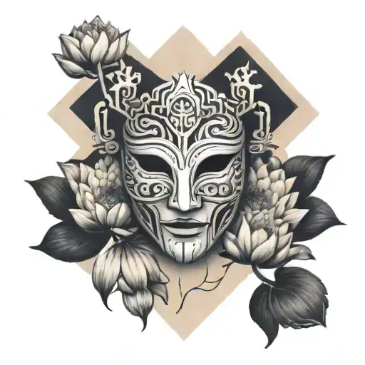 A Tattoo Of A Vintage Theatre Mask Surrounded By Water Lilies