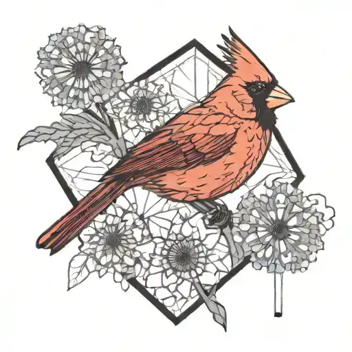 Red Cardinal With Dandelions Blowing Across
