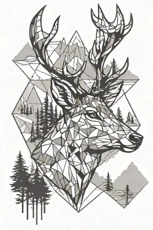 Nature And Mountain With Deer Head With Trees