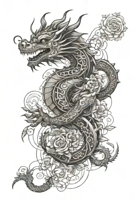 Steampunk Chinese Dragon With Small Roses Growing
