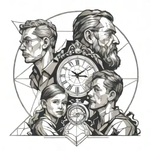 Father With His Eldest Son And Youngest Daughter Against The Background Of A Clock