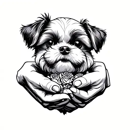 Roses And Shih Tzu Dog That Stand In Two Hands Holding