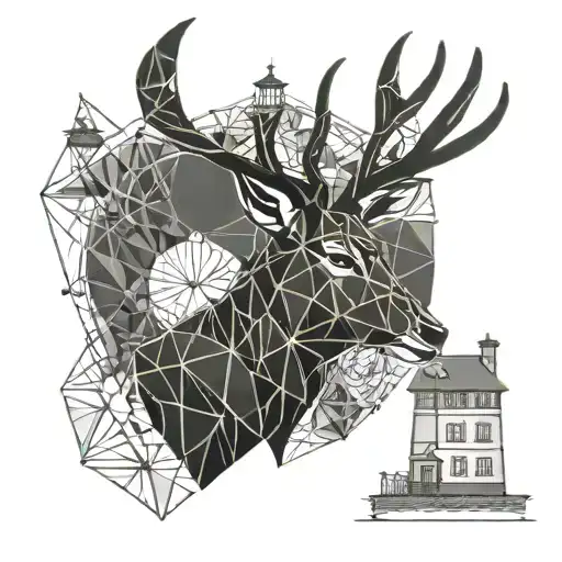 Geometric Stag Head Looking At A Lighthouse