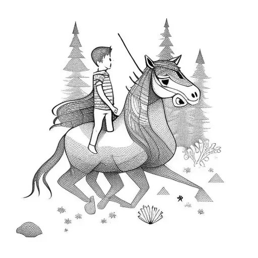 Child And Horse Lost In Forest At Night