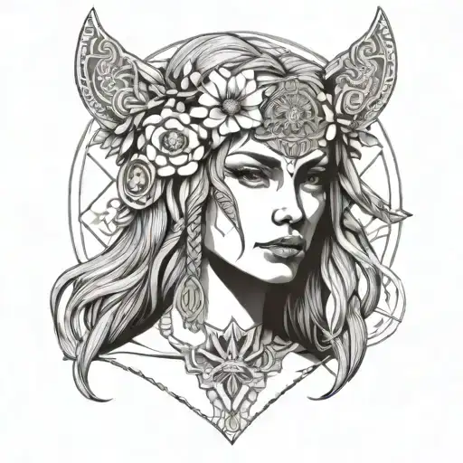Front Shot Of Freya Norse Goddes With Daisy Flowers Wearing A Headband With Norse Rune For Freya