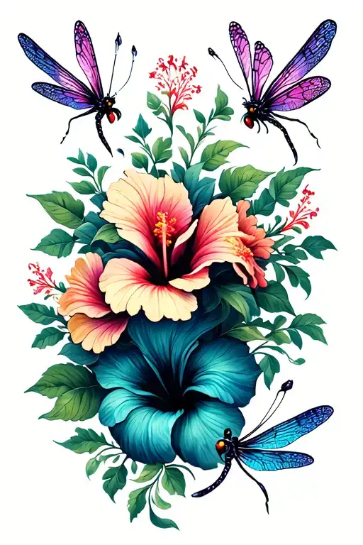 Dragonflies And Hibiscus Flowers Growing