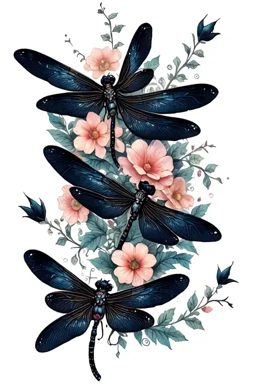 Unique Dragonflies And Luna Mont Intertwined With Trailing Blooming Mixed Poisonous Flowers