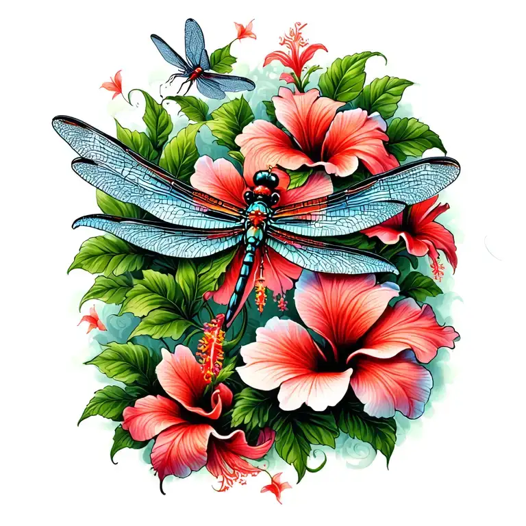 Dragonflies And Hibiscus Flowers Growing