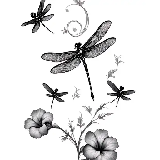 Dragonflies And Hibiscus Flowers Growing
