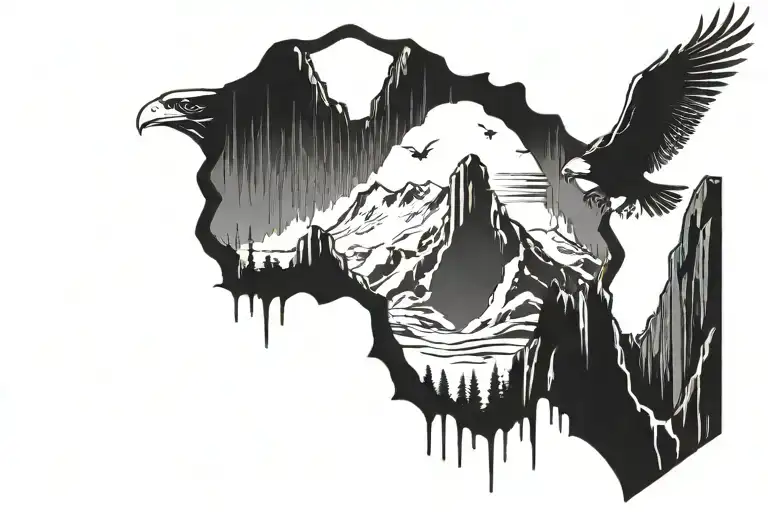 Rock Mountains Inside Falcon Shape Outline