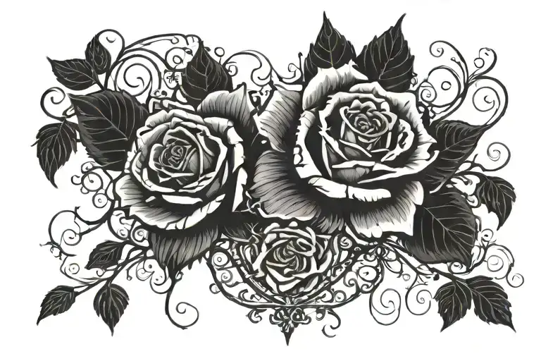 Single Rose In Center With Smaller Roses And Thorns Extending Upward