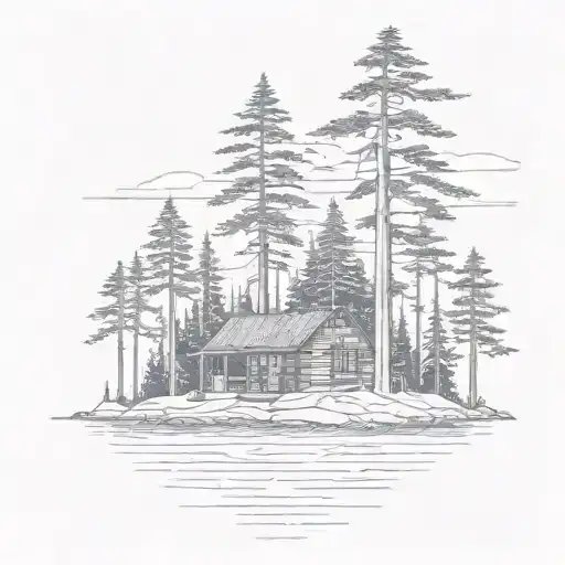 Island With Pine Tree Surrounding A Simple Cabin