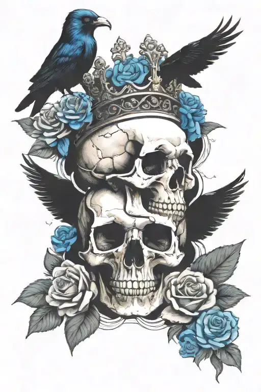 Skull Wearing Crown With Raven On Headand Blue Roses Intertwined