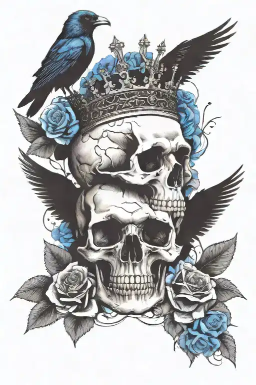 Skull Wearing Crown With Raven On Headand Blue Roses Intertwined