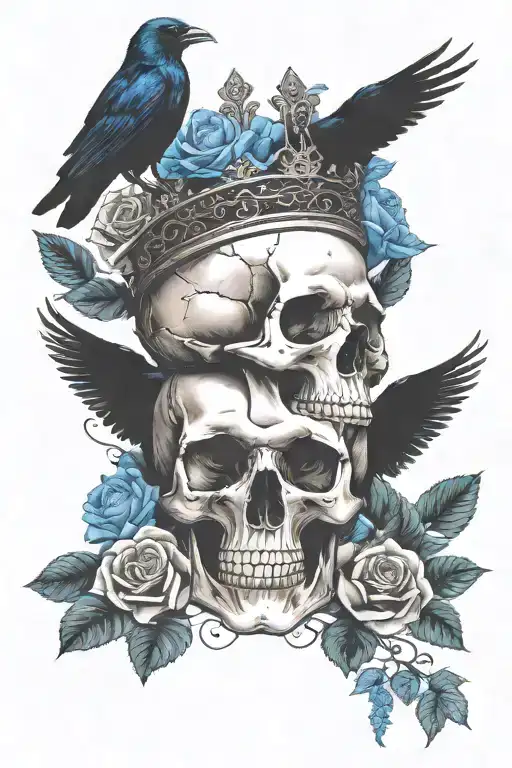Skull Wearing Crown With Raven On Headand Blue Roses Intertwined