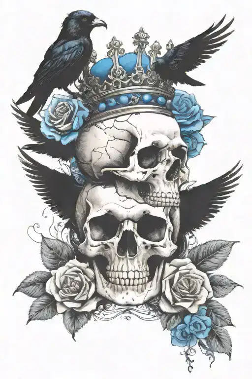Skull Wearing Crown With Raven On Headand Blue Roses Intertwined