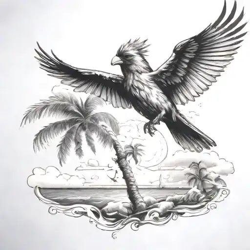 Flying Cardinal To The Ocean And Palm Tree With Clouds