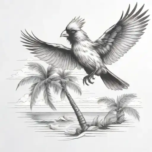 Flying Cardinal To The Ocean And Palm Tree
