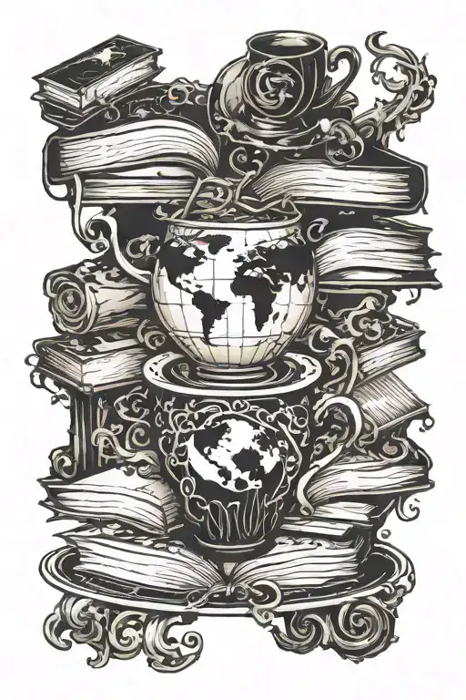 A Coffee Cup Morphing Into A Stack Of Books With A World Map In The Background