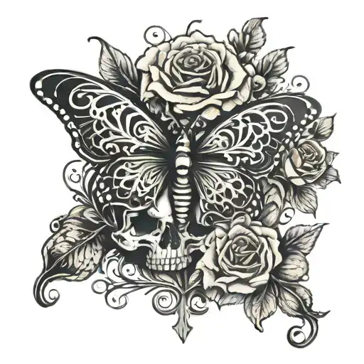 Butterfly With Skull And A Cross With Roses
