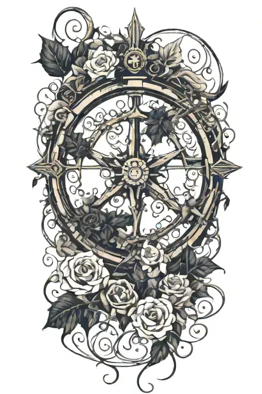 Ships Wheel At Top With Flowers And Vines Cascading Down From It