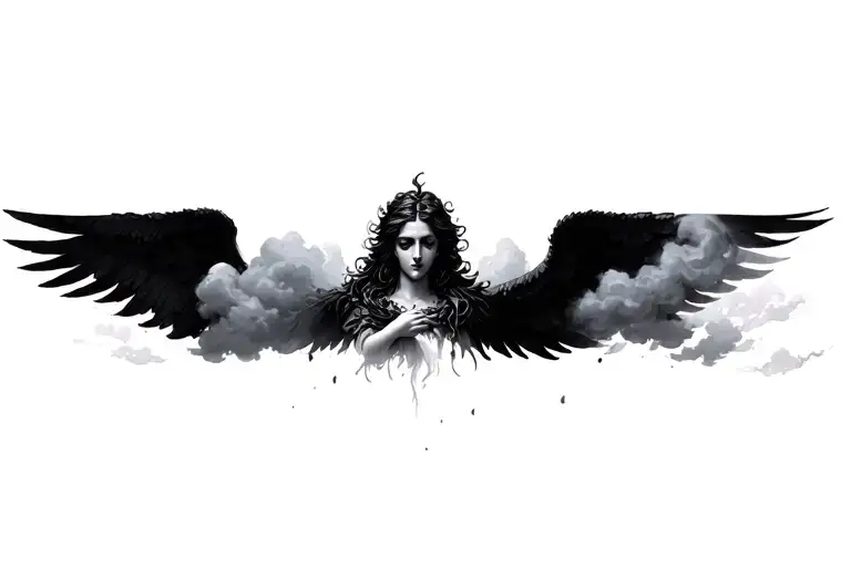 Black And Grey Beautiful Angel With Soft Clouds In The Background