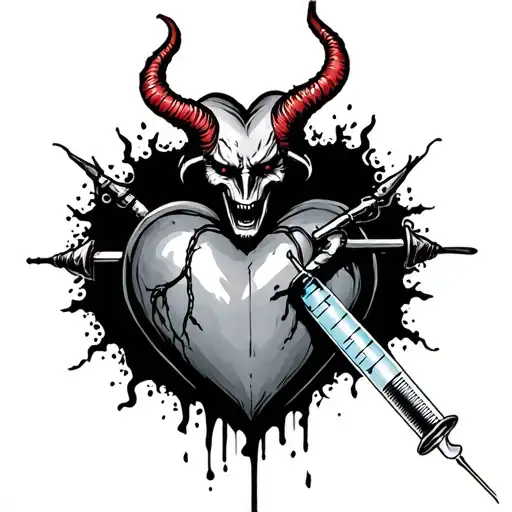 Devil Comi G Out Of A Syringe Connected To Heart