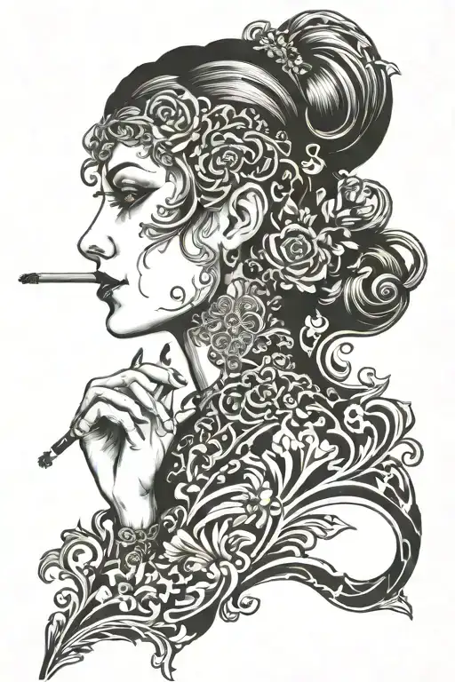 Woman Head With Cigarette In Her Mouth