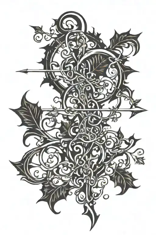 A Gothic Design Of A Bow And Arrow Intertwined With Vines And Leaves
