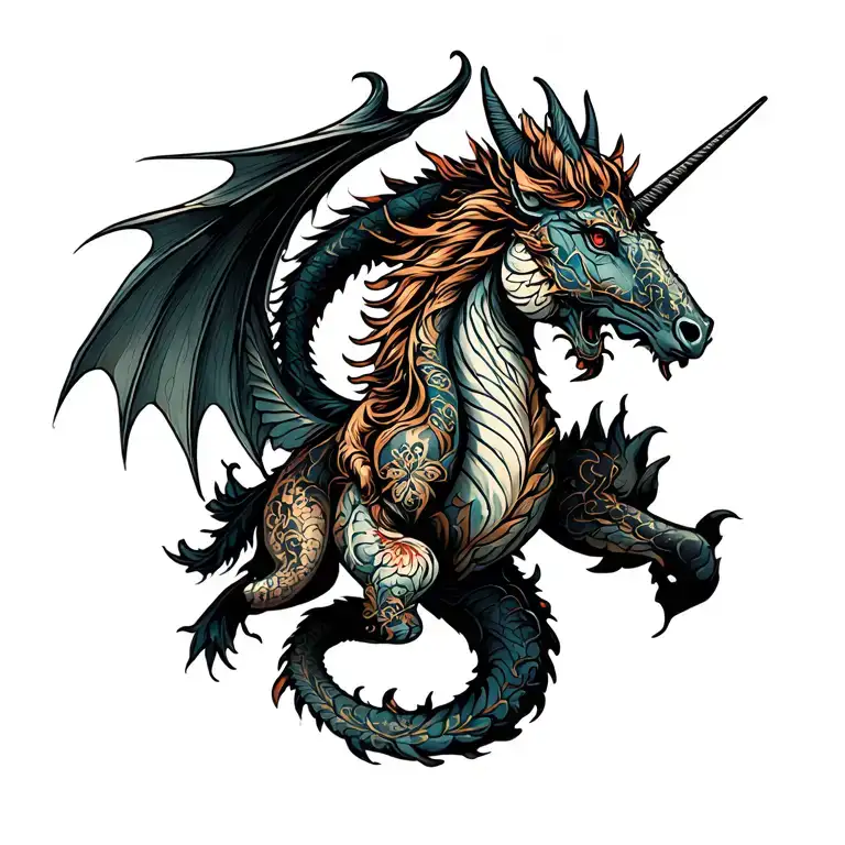 Midieval Dragon And Mythical Unicorn Full Body