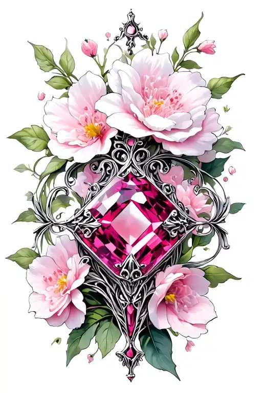 Pink Sapphire With White Gold With Pink Flowers In Background